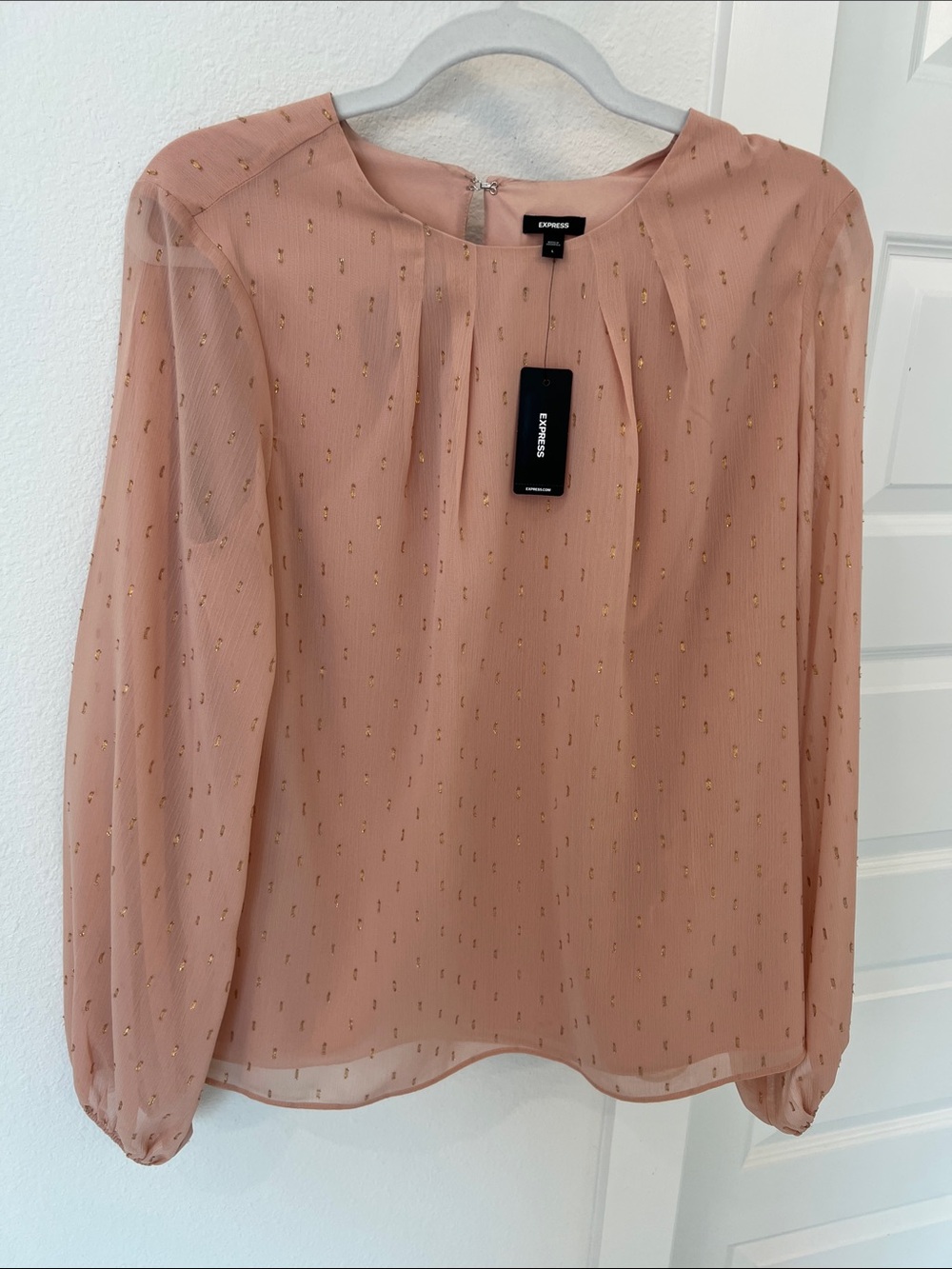 Express Blush Pink Sheer Long-Sleeve Blouse with Gold Dot Detail